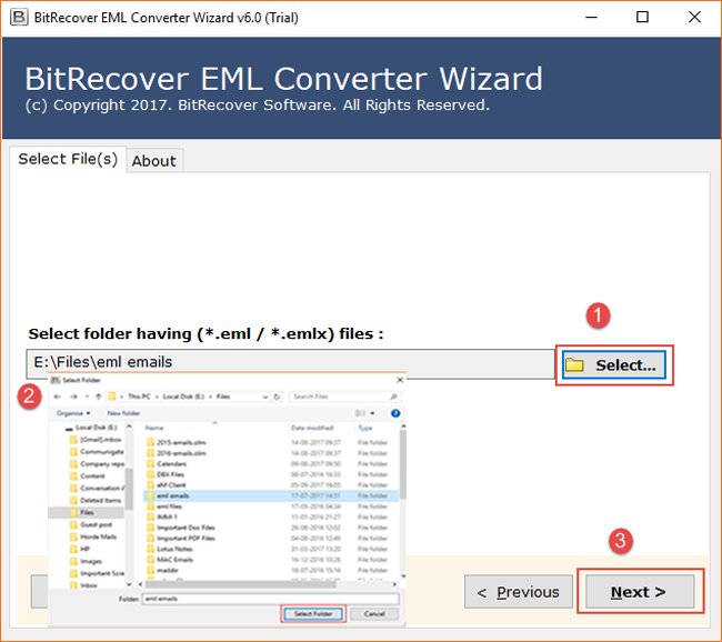  select the windows  mail eml folder you want to convert