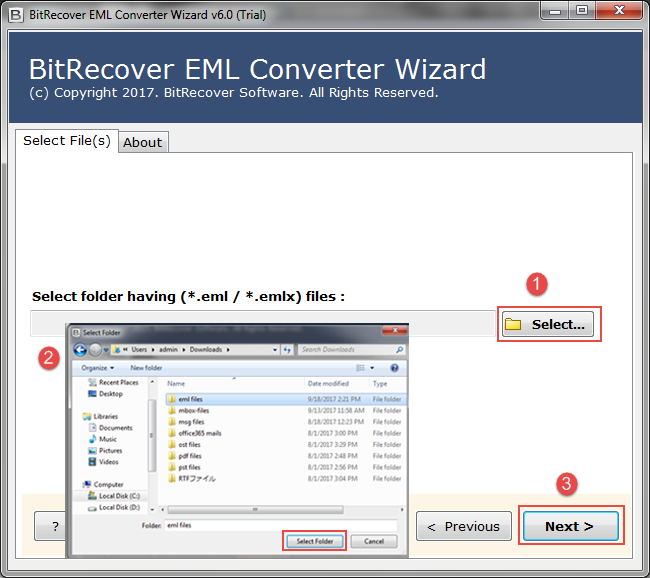  select the windows  mail eml folder you want to convert