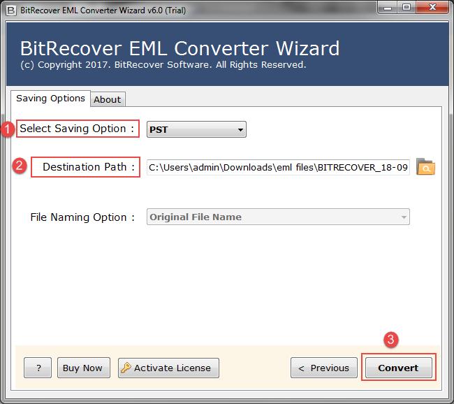 select saving option and Destination Path to save converted data files