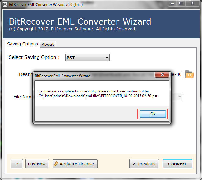 with free export eml to outlook pst for windows Conversion is done