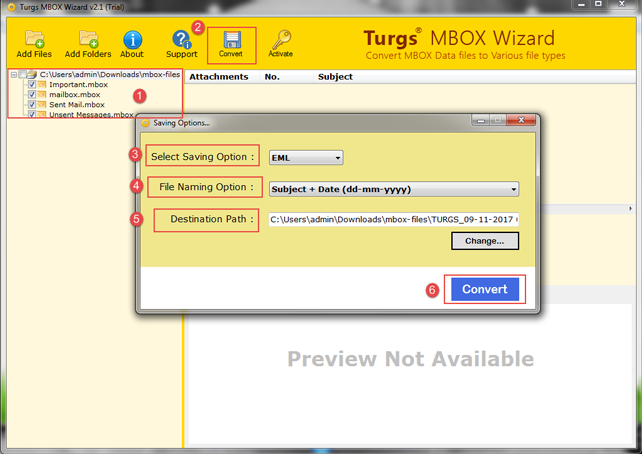  Select the mbox file and choose file saving option to star conversion