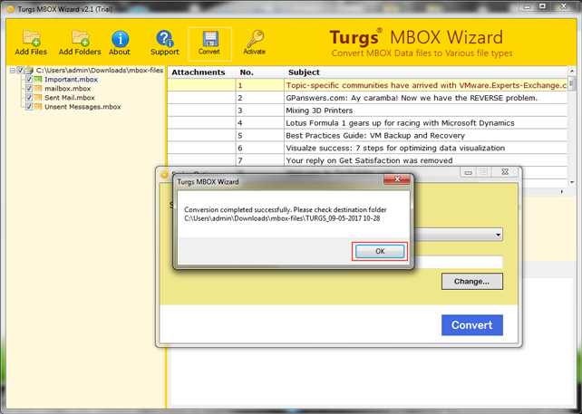 with free convert mbox file to msg Conversion is done