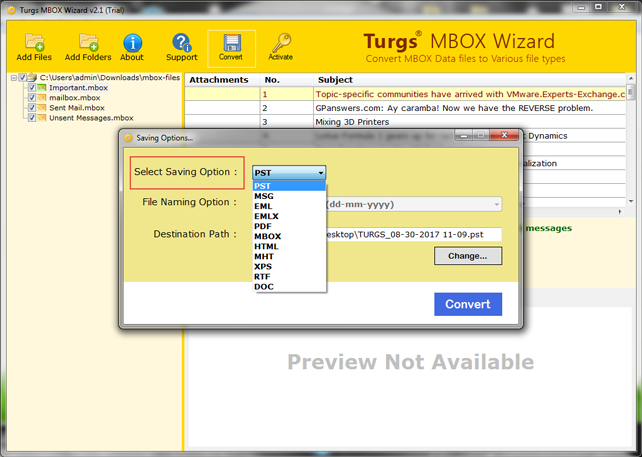 with free convert mbox file to pst micosoft outlook converter select the file saving option